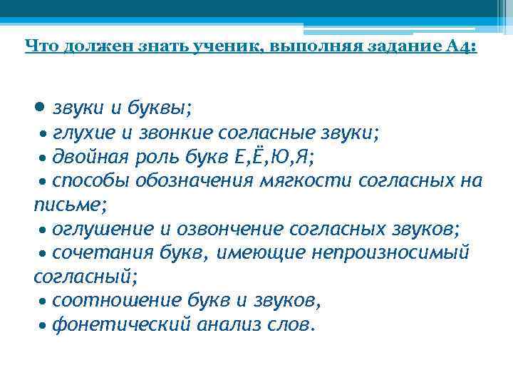 Что должен знать ученик, выполняя задание А 4: звуки и буквы; глухие и звонкие