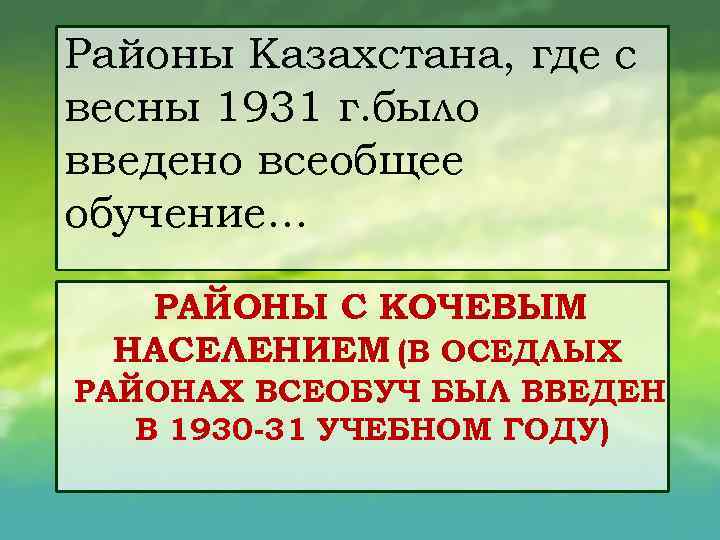 Районы Казахстана, где с весны 1931 г. было введено всеобщее обучение. . . РАЙОНЫ