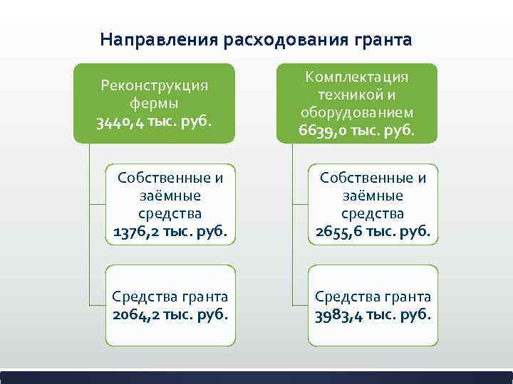 Направления расходования гранта Реконструкция фермы 3440, 4 тыс. руб. Комплектация техникой и оборудованием 6639,