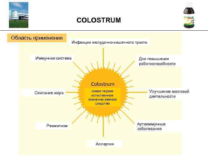 COLOSTRUM _________________________________________ Область применения Инфекции желудочно-кишечного тракта Иммунная система Сжигание жира Для повышения работоспособности