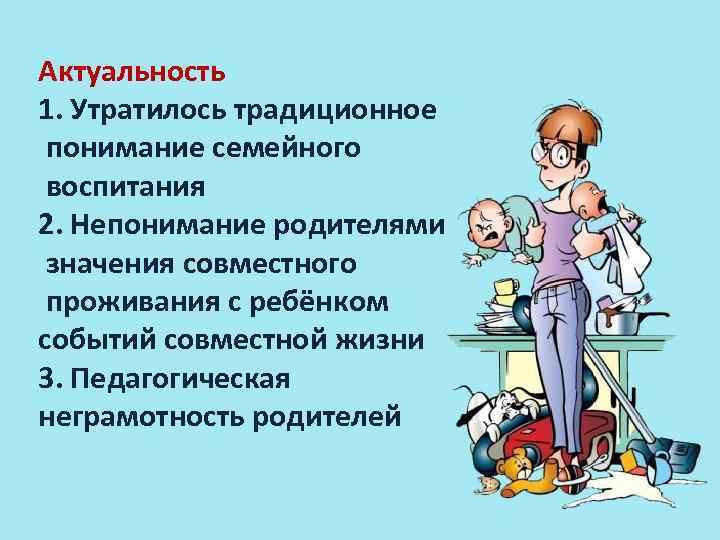 Актуальность 1. Утратилось традиционное понимание семейного воспитания 2. Непонимание родителями значения совместного проживания с