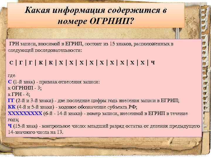 Какая информация содержится в номере ОГРНИП? ГРН записи, вносимой в ЕГРИП, состоит из 15