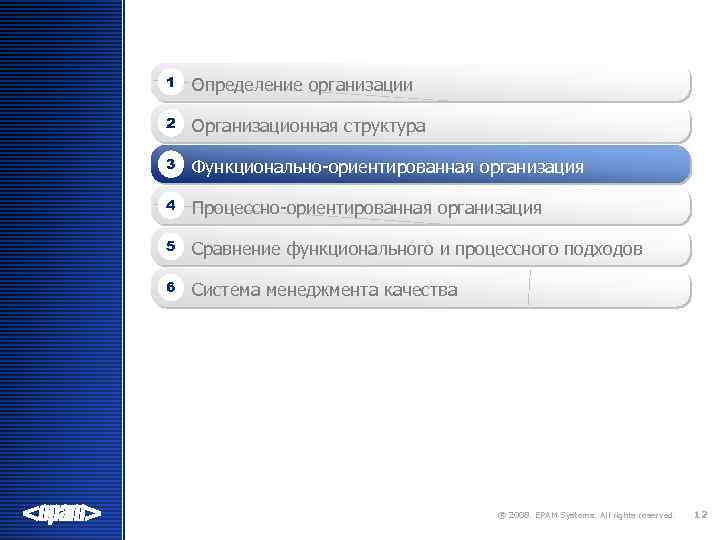 1 Определение организации 2 Организационная структура 3 Функционально-ориентированная организация 4 Процессно-ориентированная организация 5 Сравнение