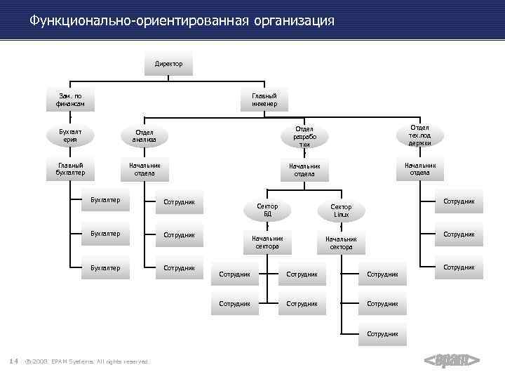 Функционально-ориентированная организация Директор Зам. по финансам Главный инженер Бухгалт ерия Отдел анализа Отдел разрабо