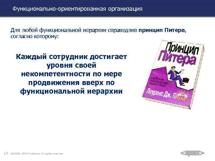Функционально-ориентированная организация Для любой функциональной иерархии справедлив принцип Питера, согласно которому: Каждый сотрудник достигает