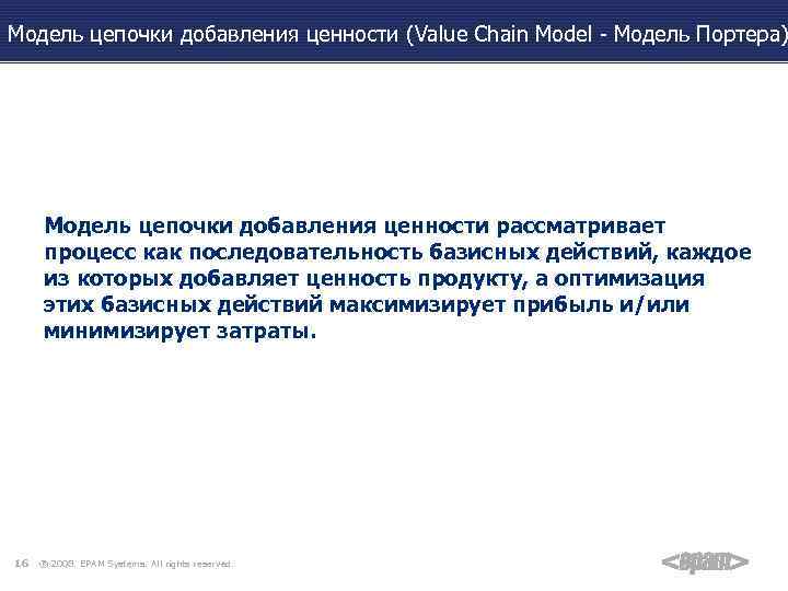 Модель цепочки добавления ценности (Value Сhain Model - Модель Портера) Модель цепочки добавления ценности