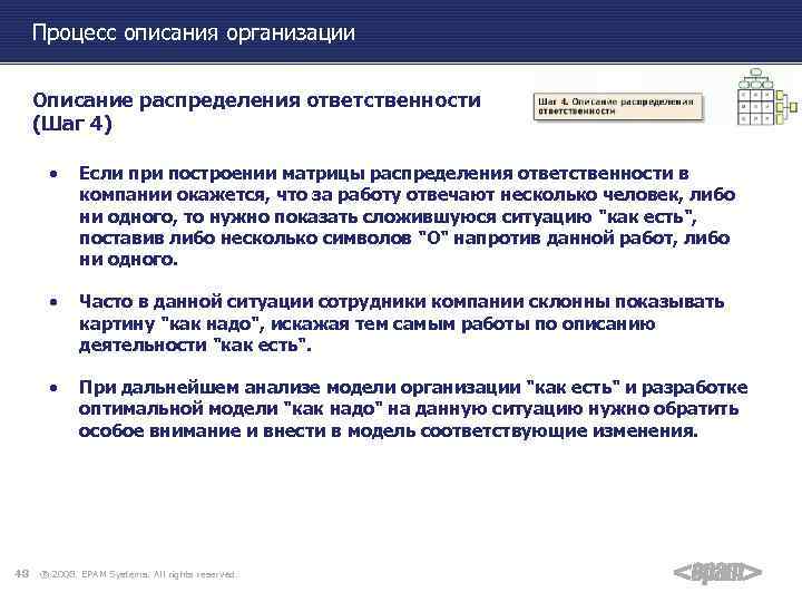 Процесс описания организации Описание распределения ответственности (Шаг 4) • • Часто в данной ситуации