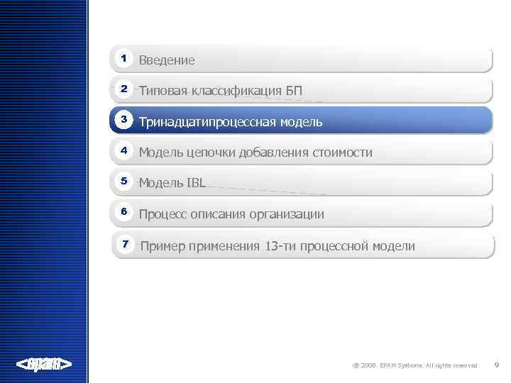 1 Введение 2 Типовая классификация БП 3 Тринадцатипроцессная модель 4 Модель цепочки добавления стоимости