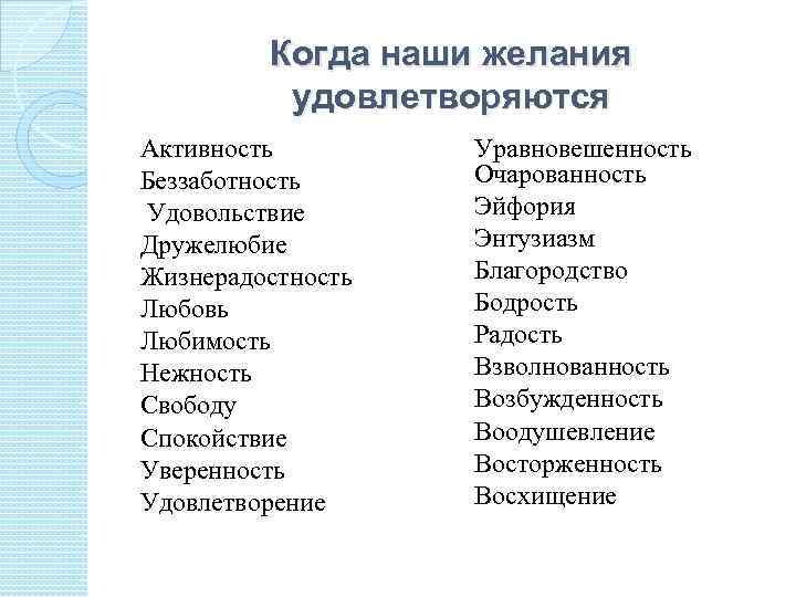 Когда наши желания удовлетворяются Активность Беззаботность Удовольствие Дружелюбие Жизнерадостность Любовь Любимость Нежность Свободу Спокойствие