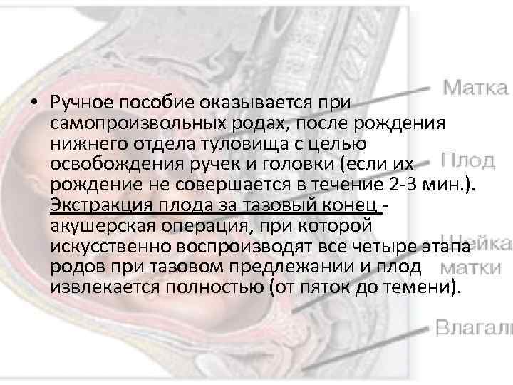  • Ручное пособие оказывается при самопроизвольных родах, после рождения нижнего отдела туловища с