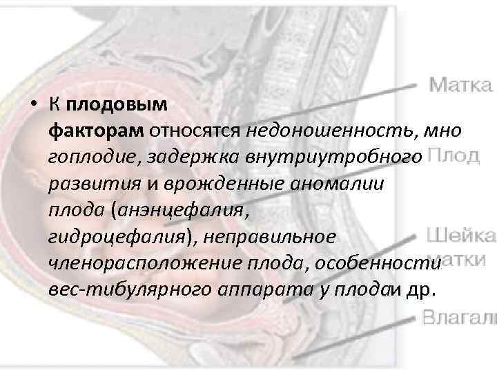  • К плодовым факторам относятся недоношенность, мно гоплодие, задержка внутриутробного развития и врожденные