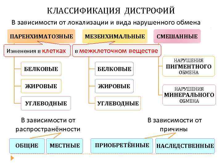 КЛАССИФИКАЦИЯ ДИСТРОФИЙ В зависимости от локализации и вида нарушенного обмена веществ ПАРЕНХИМАТОЗНЫЕ Изменения в