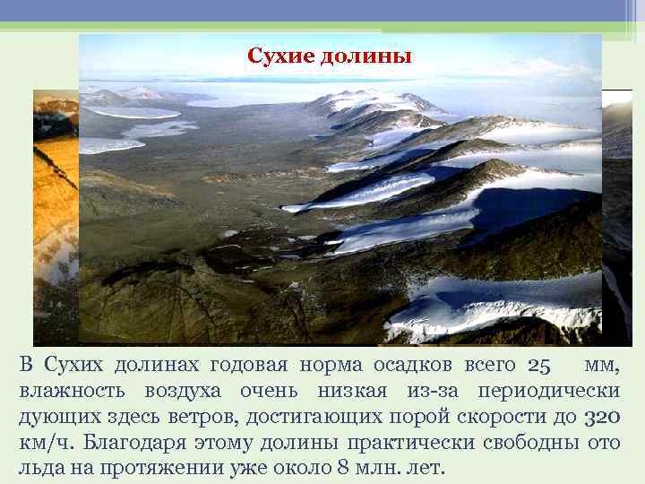 Сухие долины В Сухих долинах годовая норма осадков всего 25 мм, влажность воздуха очень