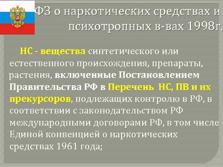 ФЗ о наркотических средствах и психотропных в-вах 1998 г. НС - вещества синтетического или