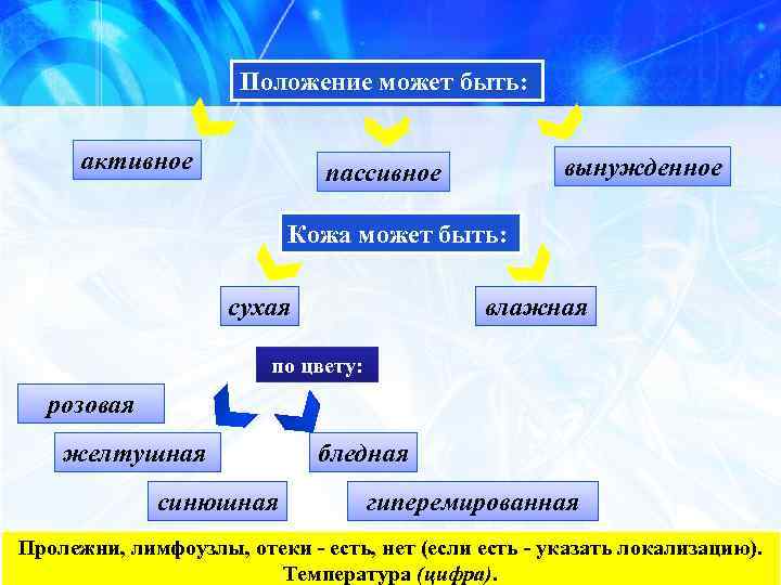 Положение может быть: активное вынужденное пассивное Кожа может быть: сухая влажная по цвету: розовая