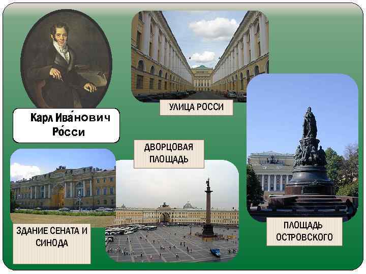 Карл Ива нович Ро сси УЛИЦА РОССИ ДВОРЦОВАЯ ПЛОЩАДЬ ЗДАНИЕ СЕНАТА И СИНОДА ПЛОЩАДЬ