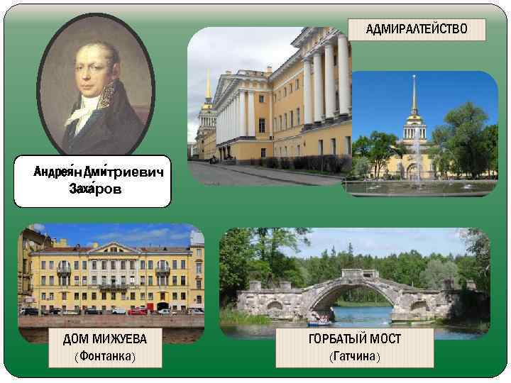 АДМИРАЛТЕЙСТВО Андрея н Дми триевич Заха ров ДОМ МИЖУЕВА (Фонтанка) ГОРБАТЫЙ МОСТ (Гатчина) 