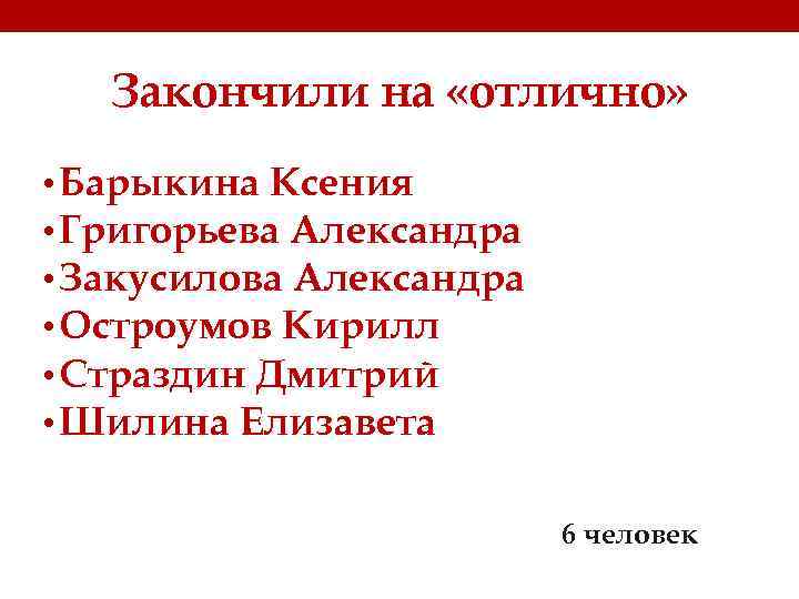Закончили на «отлично» • Барыкина Ксения • Григорьева Александра • Закусилова Александра • Остроумов
