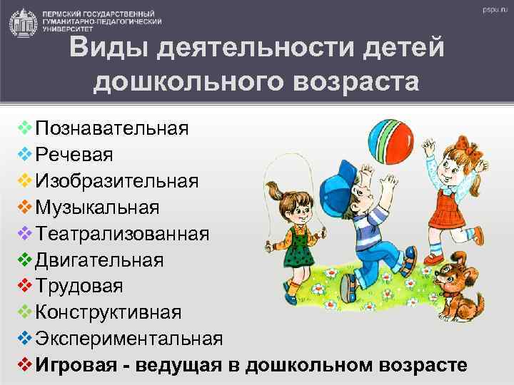 Виды деятельности детей дошкольного возраста v Познавательная v Речевая v Изобразительная v Музыкальная v