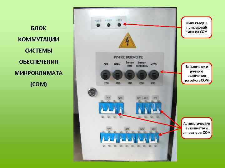 БЛОК Индикаторы напряжений питания СОМ КОММУТАЦИИ СИСТЕМЫ ОБЕСПЕЧЕНИЯ МИКРОКЛИМАТА (СОМ) Выключатели ручного включения устройств
