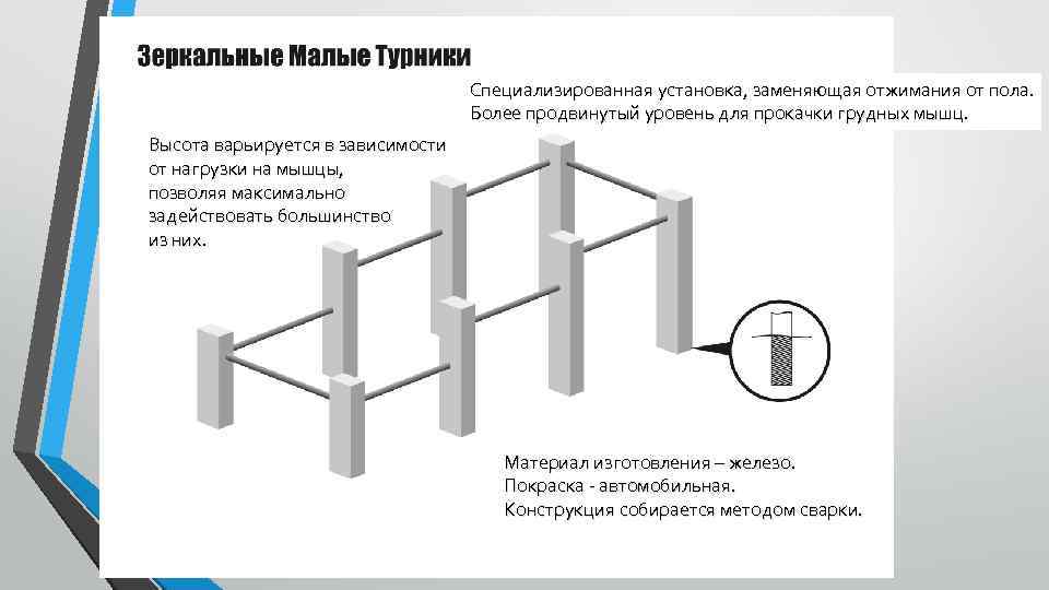 Специализированная установка, заменяющая отжимания от пола. Более продвинутый уровень для прокачки грудных мышц. Высота