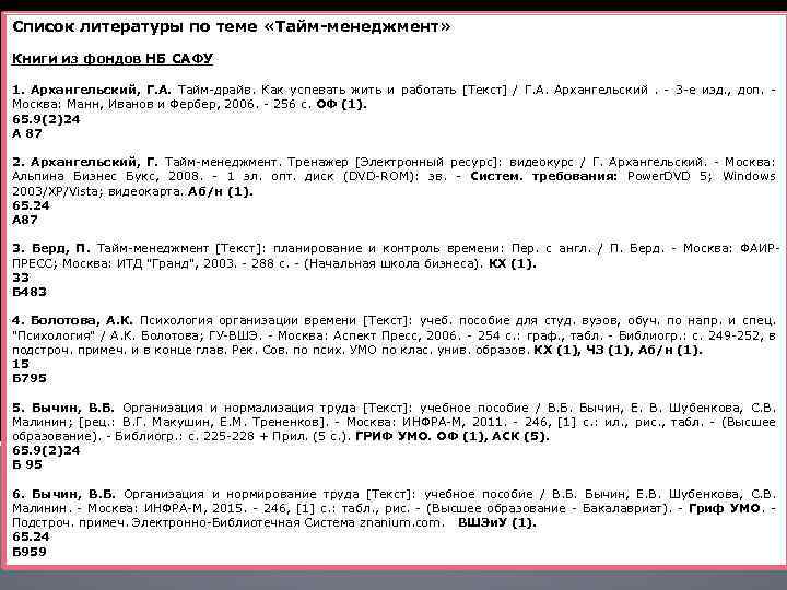 Список литературы по теме «Тайм-менеджмент» Книги из фондов НБ САФУ 1. Архангельский, Г. А.