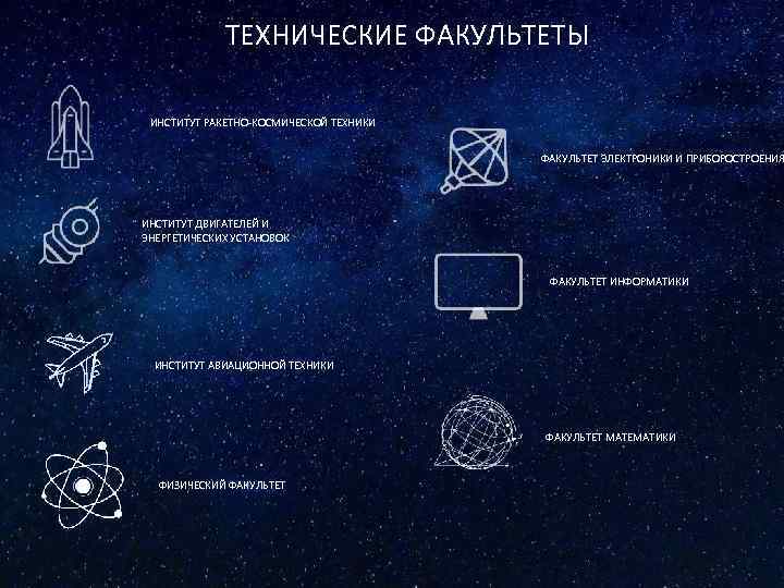 ТЕХНИЧЕСКИЕ ФАКУЛЬТЕТЫ ИНСТИТУТ РАКЕТНО-КОСМИЧЕСКОЙ ТЕХНИКИ ФАКУЛЬТЕТ ЭЛЕКТРОНИКИ И ПРИБОРОСТРОЕНИЯ ИНСТИТУТ ДВИГАТЕЛЕЙ И ЭНЕРГЕТИЧЕСКИХ УСТАНОВОК