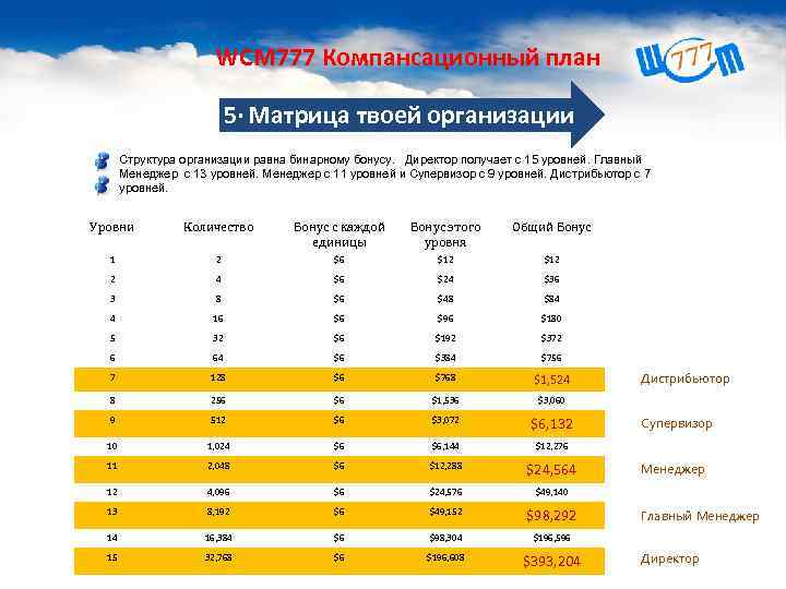 WCM 777 Компансационный план 55 5· Матрица твоей организации Структура организации равна бинарному бонусу.