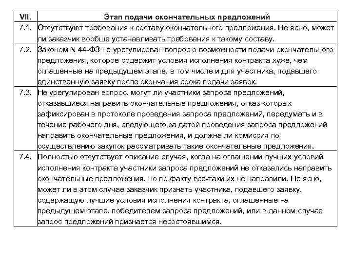 VII. Этап подачи окончательных предложений 7. 1. Отсутствуют требования к составу окончательного предложения. Не