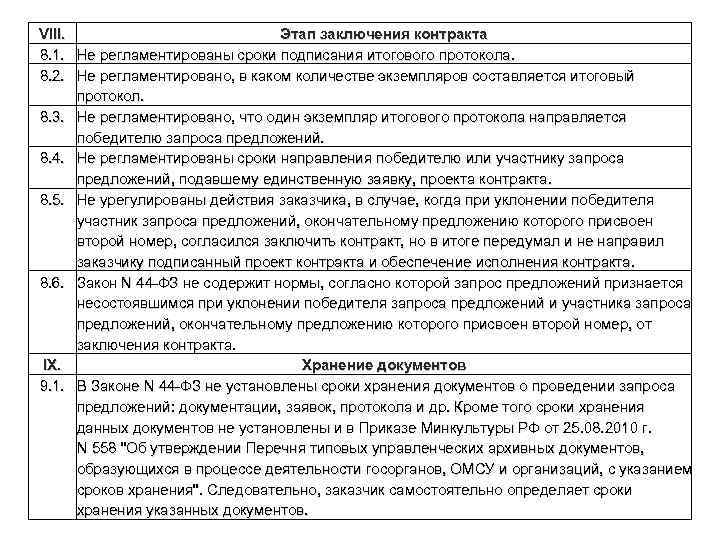 VIII. Этап заключения контракта 8. 1. Не регламентированы сроки подписания итогового протокола. 8. 2.