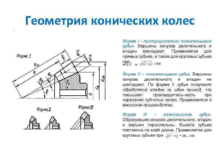 . Геометрия конических колес Форма I – пропорционально понижающиеся зубья. Вершины конусов делительного и