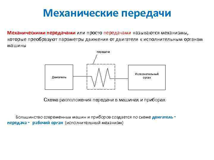 Механические передачи Механическими передачами или просто передачами называются механизмы, которые преобразуют параметры движения от