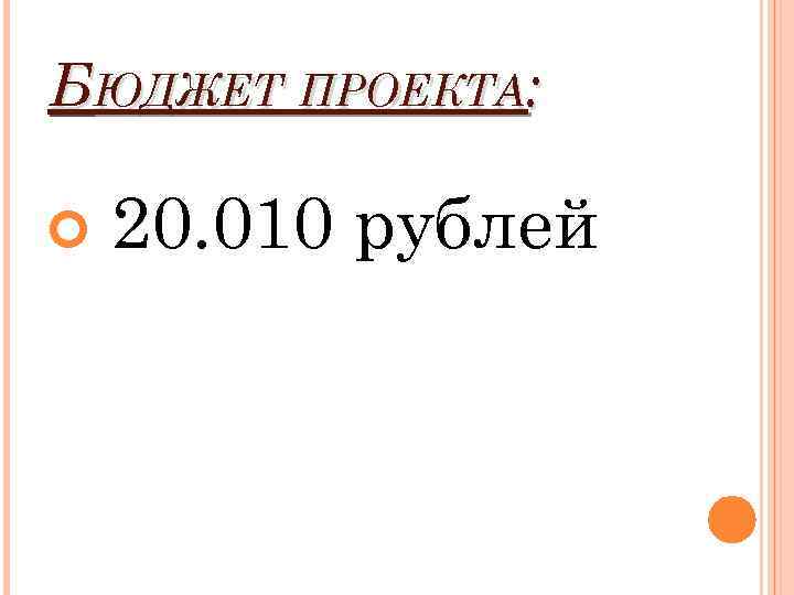 БЮДЖЕТ ПРОЕКТА: 20. 010 рублей 