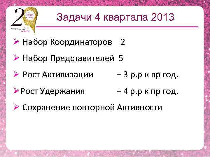 Задачи 4 квартала 2013 Ø Набор Координаторов 2 Ø Набор Представителей 5 Ø Рост