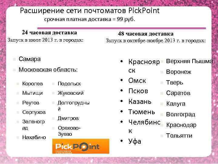 Расширение сети почтоматов Pick. Point срочная платная доставка = 99 руб. 24 часовая доставка