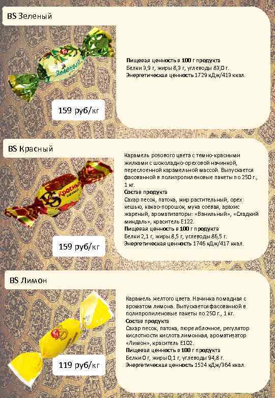 BS Зеленый Пищевая ценность в 100 г продукта Белки 3, 9 г, жиры 8,