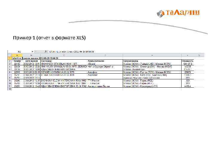 Пример 1 (отчет в формате XLS) 