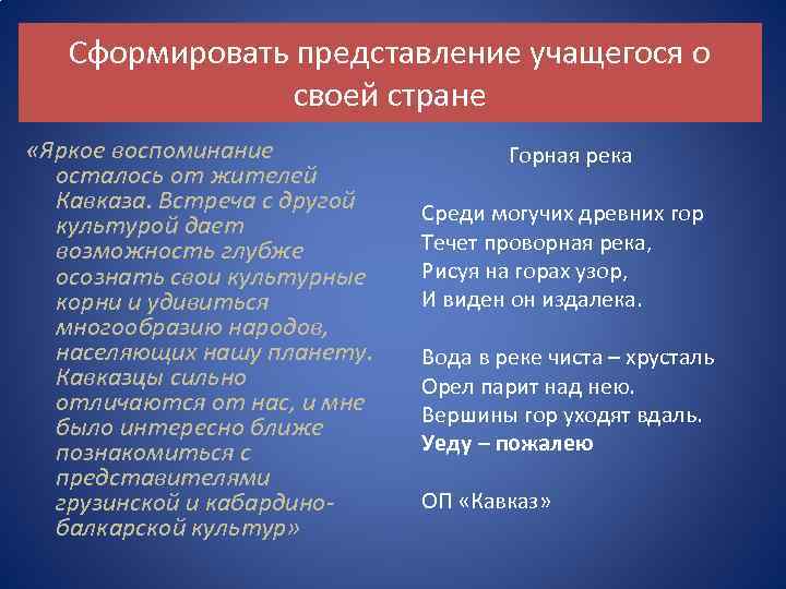 Сформировать представление учащегося о своей стране «Яркое воспоминание осталось от жителей Кавказа. Встреча с