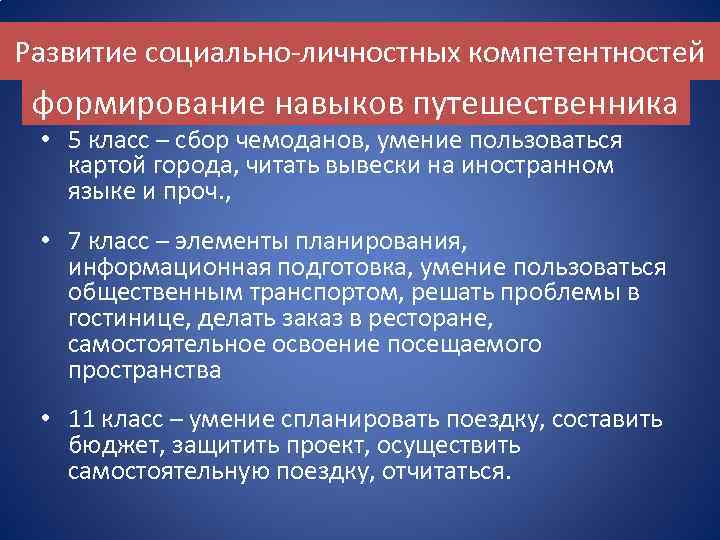 Развитие социально-личностных компетентностей формирование навыков путешественника • 5 класс – сбор чемоданов, умение пользоваться