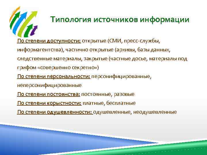Типология источников информации По степени доступности: открытые (СМИ, пресс-службы, информагентства), частично открытые (архивы, базы