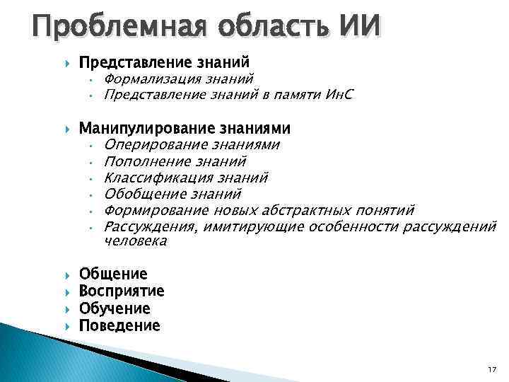 Проблемная область ИИ Представление знаний • Формализация знаний • Представление знаний в памяти Ин.