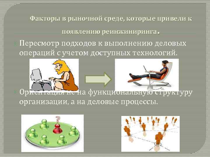 Факторы в рыночной среде, которые привели к . появлению реинжиниринга Пересмотр подходов к выполнению