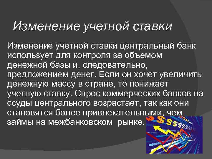 Изменение учетной ставки центральный банк использует для контроля за объемом денежной базы и, следовательно,