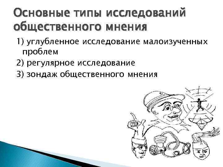 Основные типы исследований общественного мнения 1) углубленное исследование малоизученных проблем 2) регулярное исследование 3)