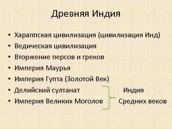 Древняя Индия • • Хараппская цивилизация (цивилизация Инд) Ведическая цивилизация Вторжение персов и греков