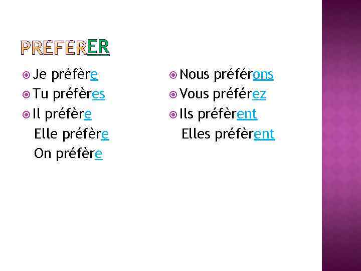 ER Je préfère Tu préfères Il préfère Elle préfère On préfère Nous préférons Vous