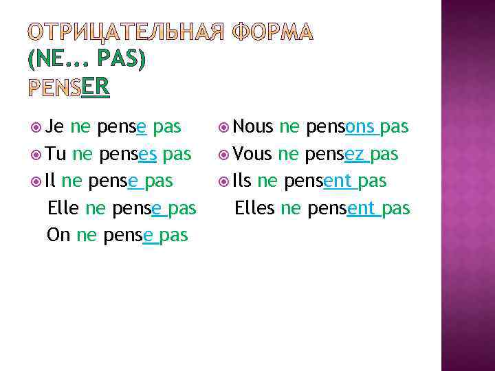 (NE. . . PAS) ER Je ne pense pas Tu ne penses pas Il