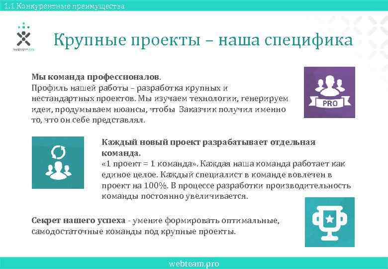 1. 1 Конкурентные преимущества Крупные проекты – наша специфика Мы команда профессионалов. Профиль нашей