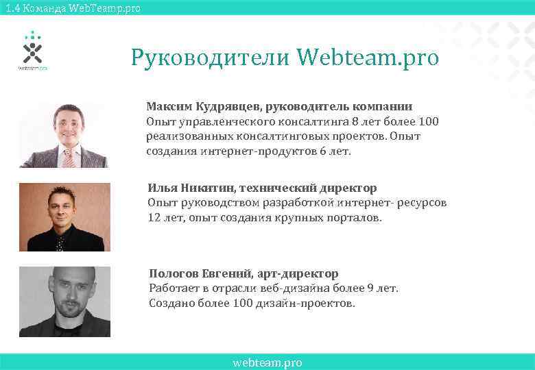 1. 4 Команда Web. Teamp. pro Руководители Webteam. pro Максим Кудрявцев, руководитель компании Опыт