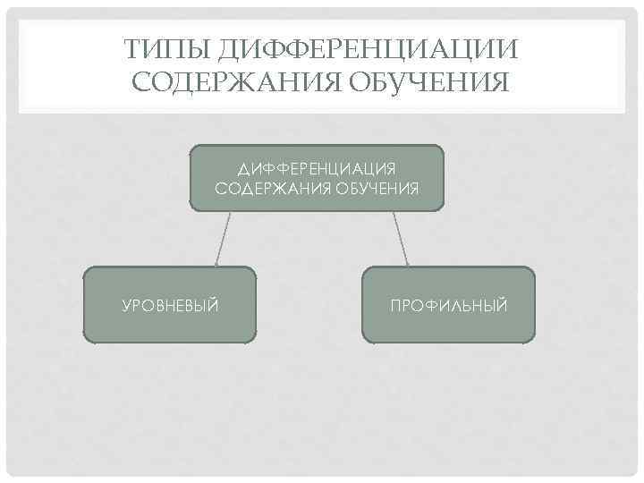 ТИПЫ ДИФФЕРЕНЦИАЦИИ СОДЕРЖАНИЯ ОБУЧЕНИЯ ДИФФЕРЕНЦИАЦИЯ СОДЕРЖАНИЯ ОБУЧЕНИЯ УРОВНЕВЫЙ ПРОФИЛЬНЫЙ 